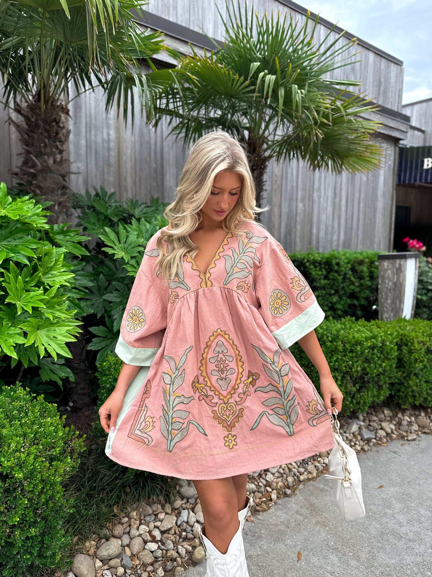 Boho Babe Embroidered Dress: Blush