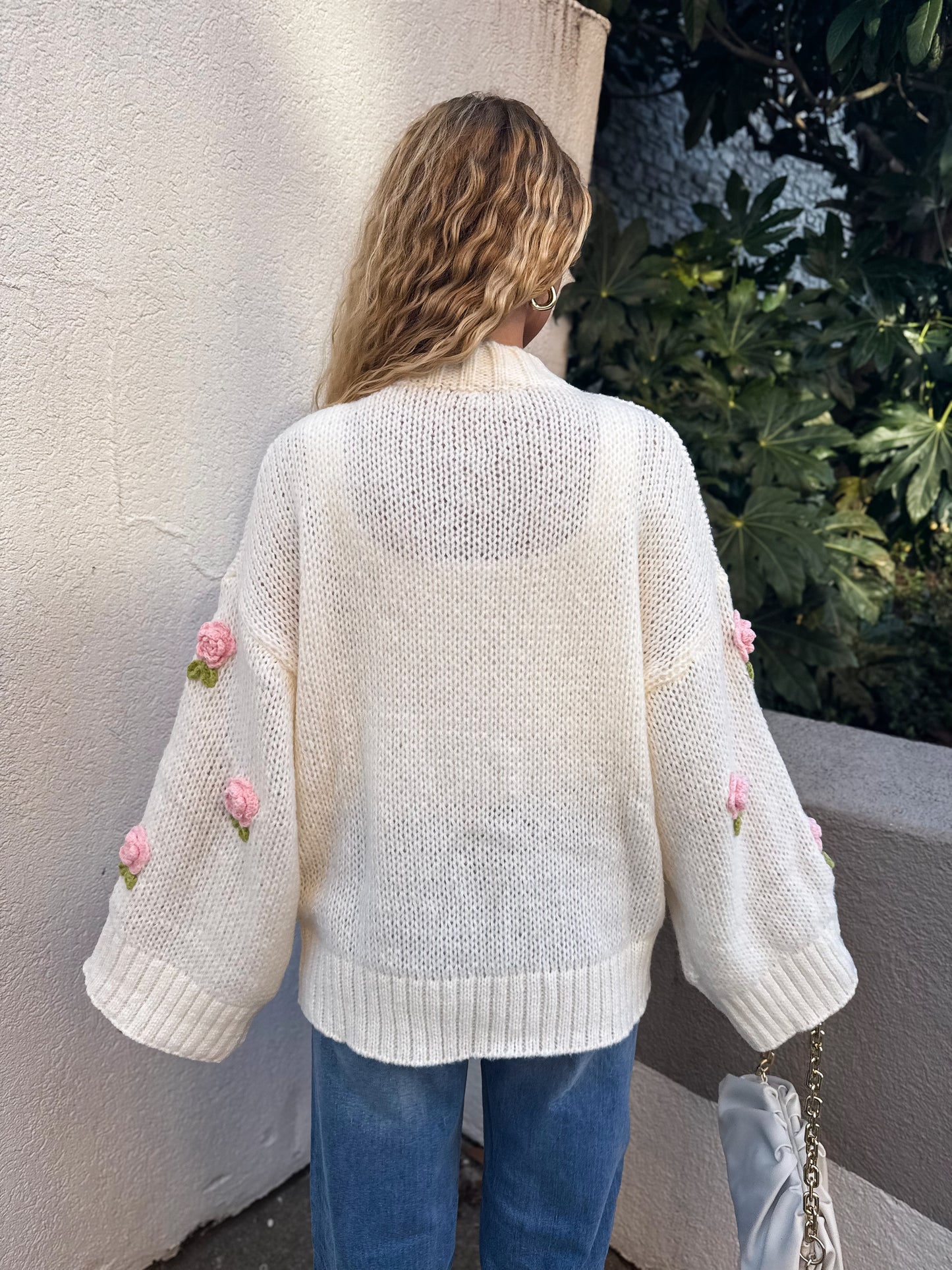 Rosette Romance Oversized Sweater: White