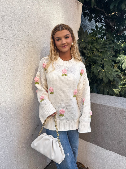 Rosette Romance Oversized Sweater: White