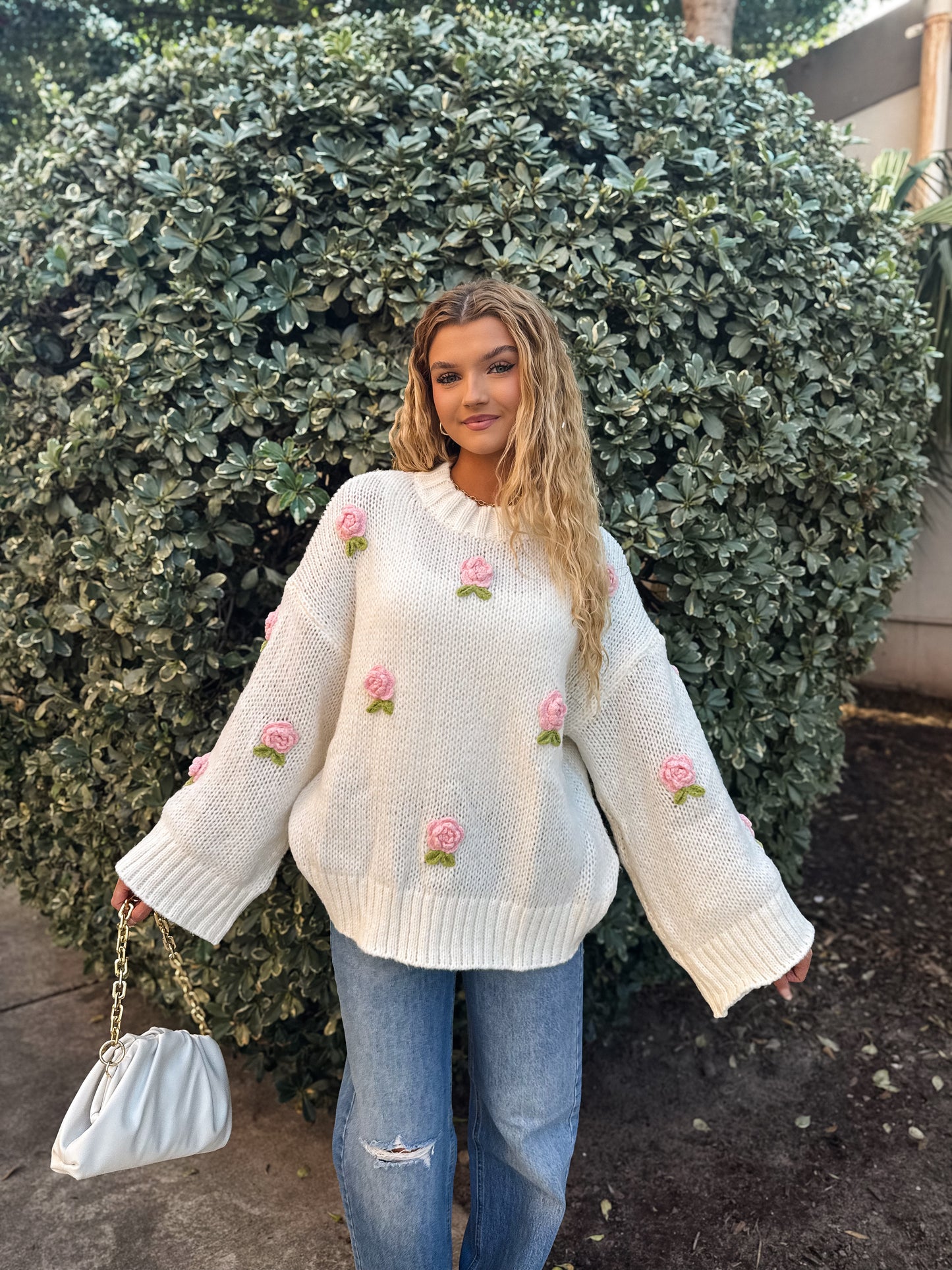 Rosette Romance Oversized Sweater: White