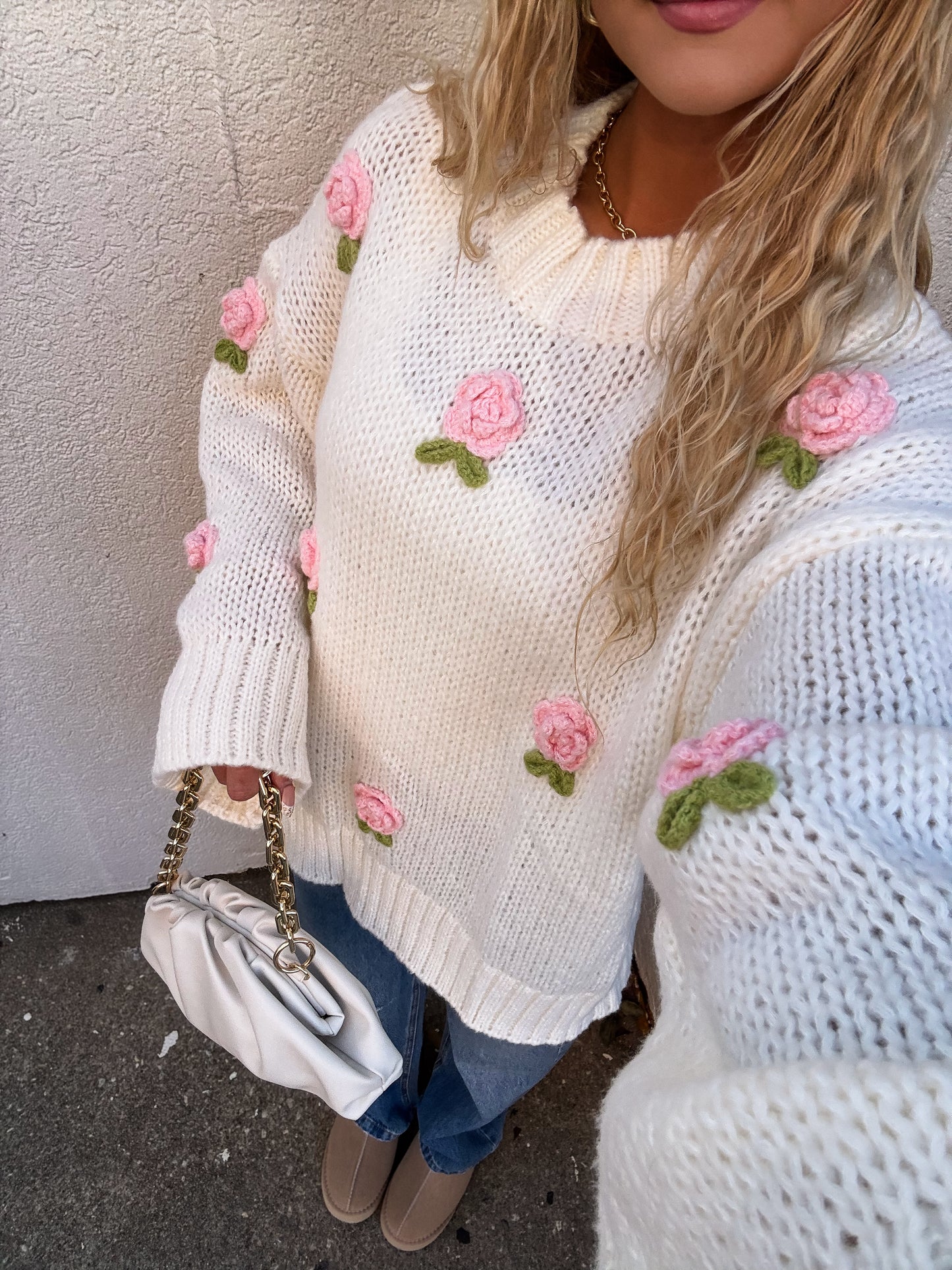 Rosette Romance Oversized Sweater: White