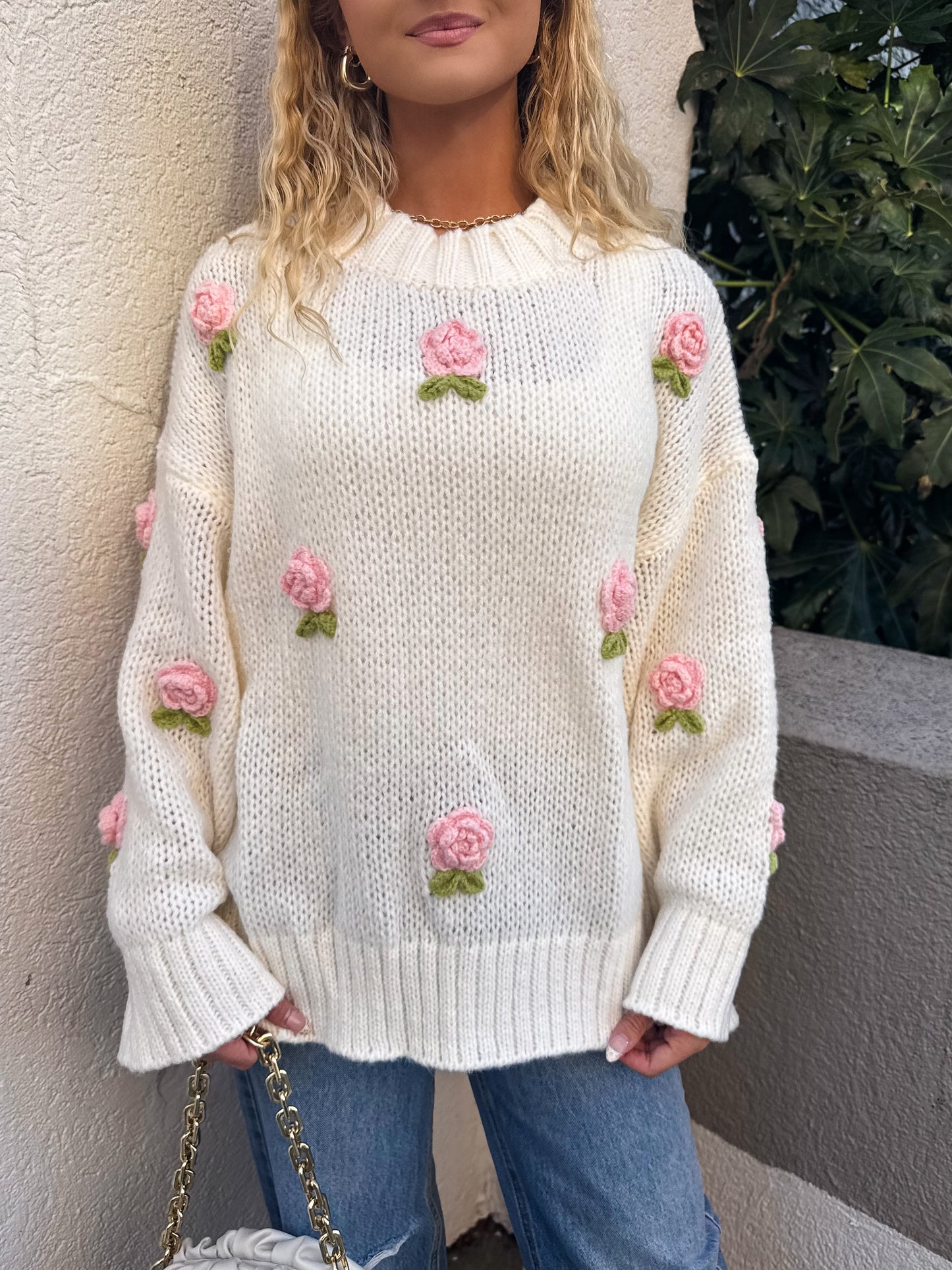 Rosette Romance Oversized Sweater: White
