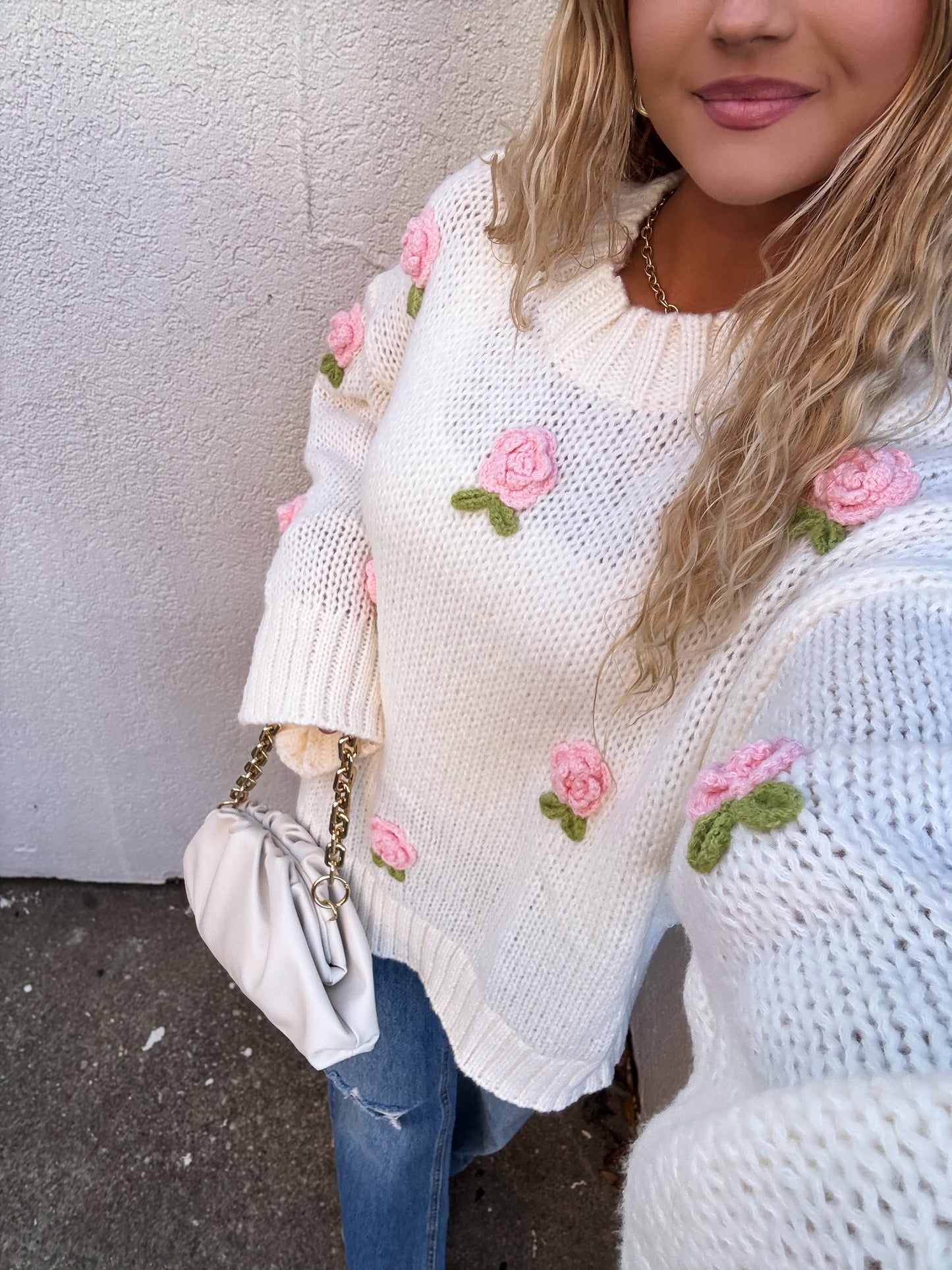Rosette Romance Oversized Sweater: White