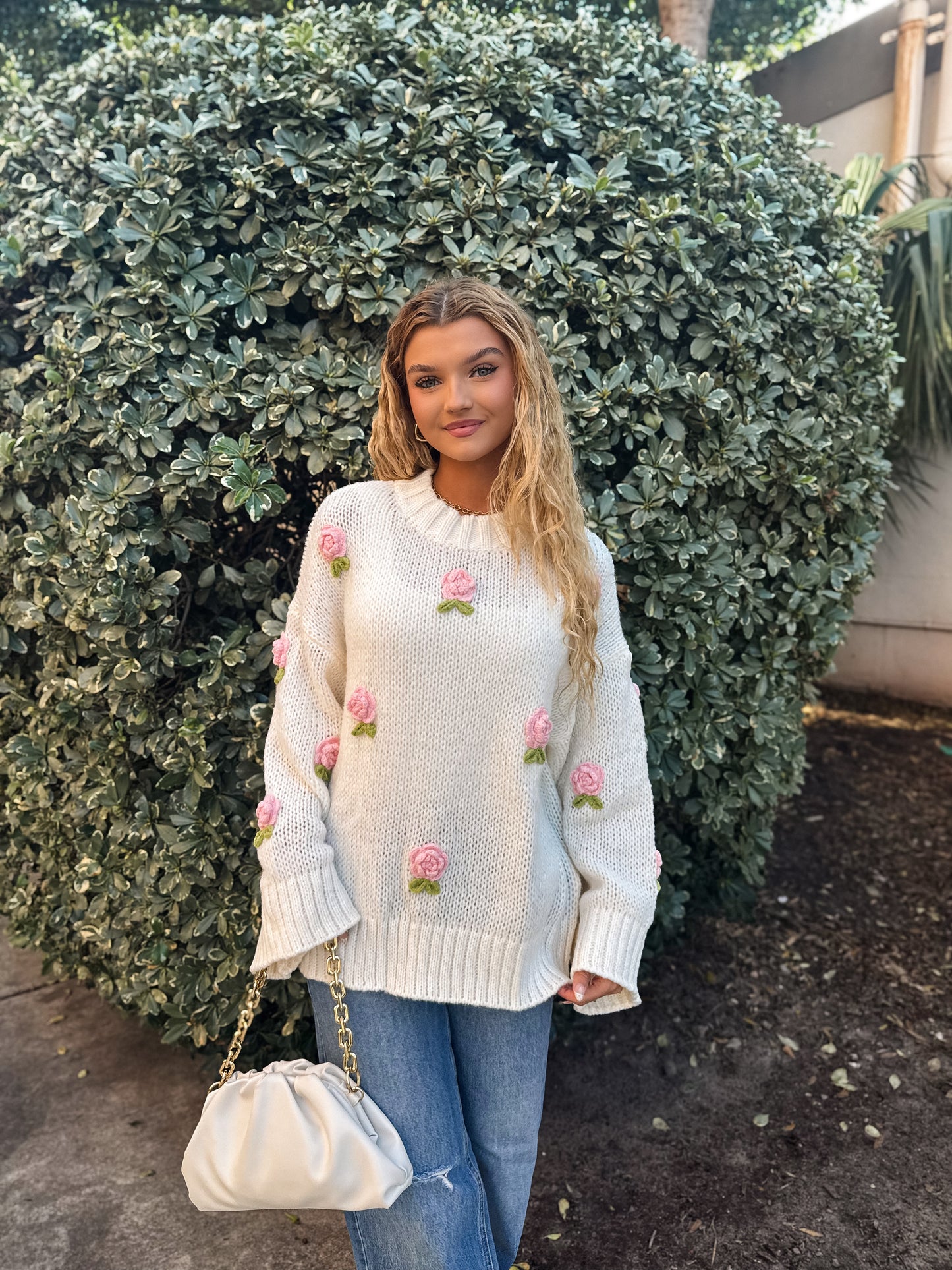 Rosette Romance Oversized Sweater: White