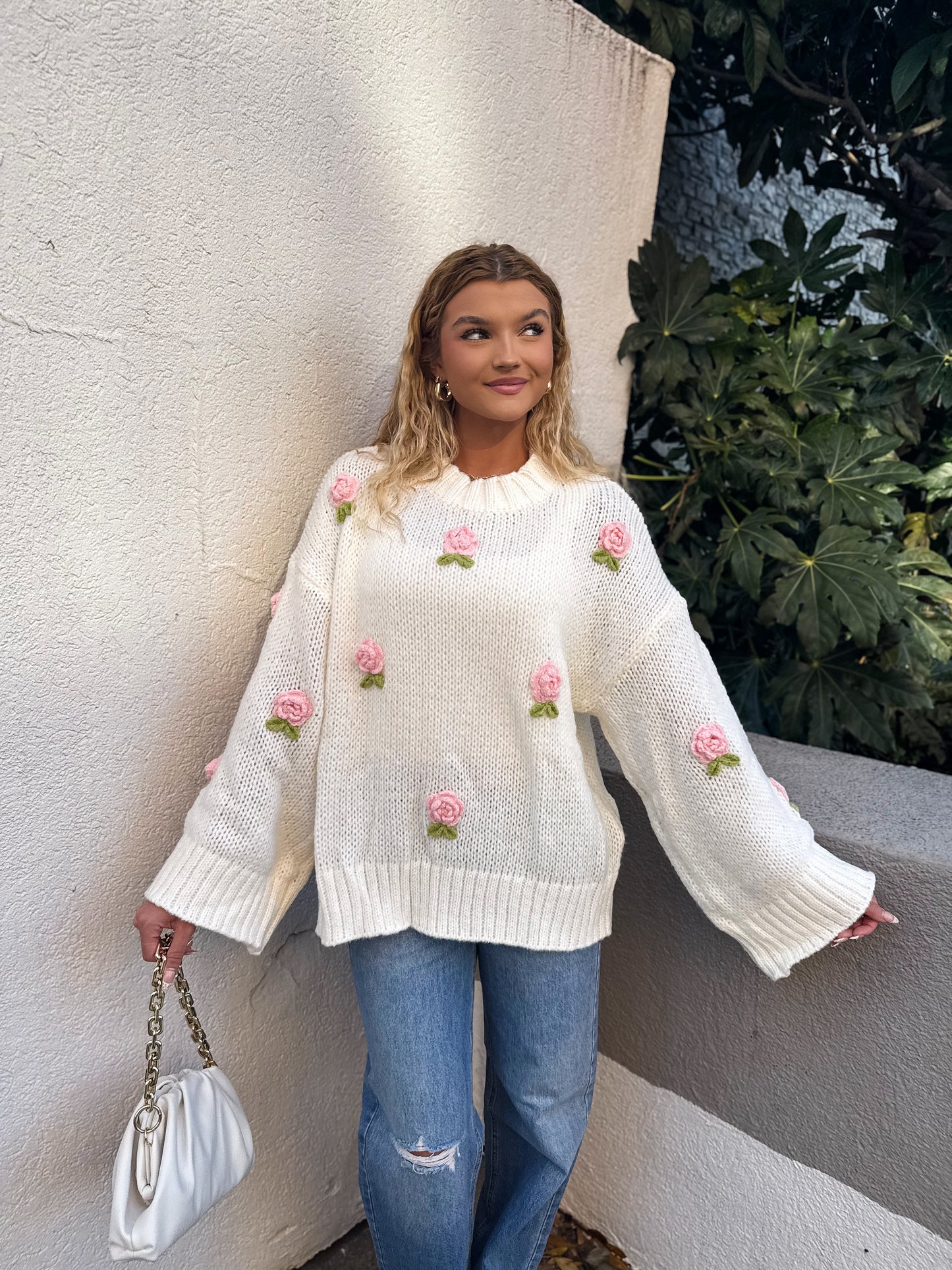 Rosette Romance Oversized Sweater: White