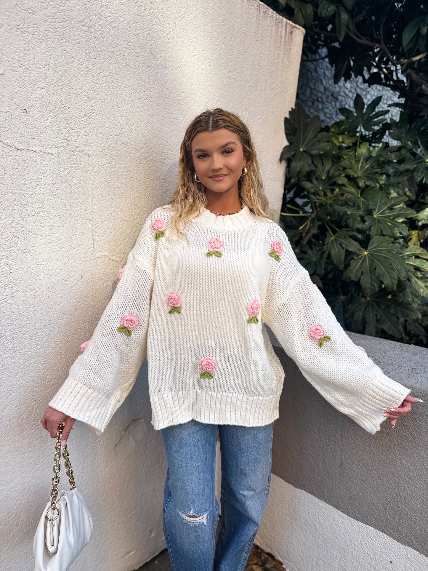 Rosette Romance Oversized Sweater: White