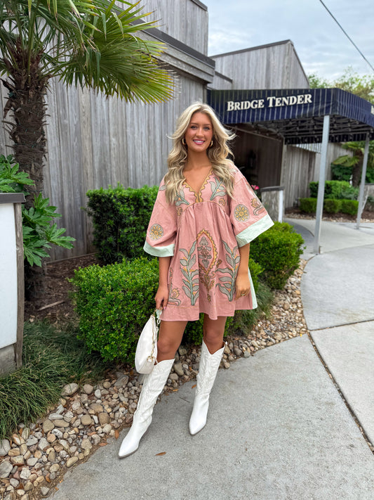 Boho Babe Embroidered Dress: Blush