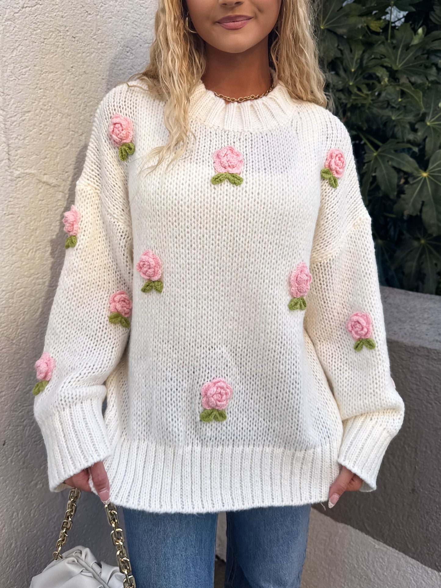 Rosette Romance Oversized Sweater: White